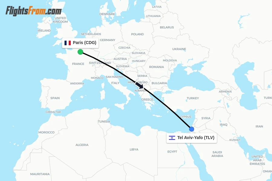 Flights from Paris to Tel Aviv-Yafo route map