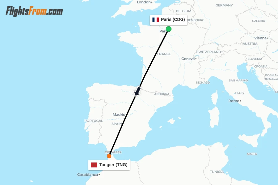 Flights from Paris to Tangier route map