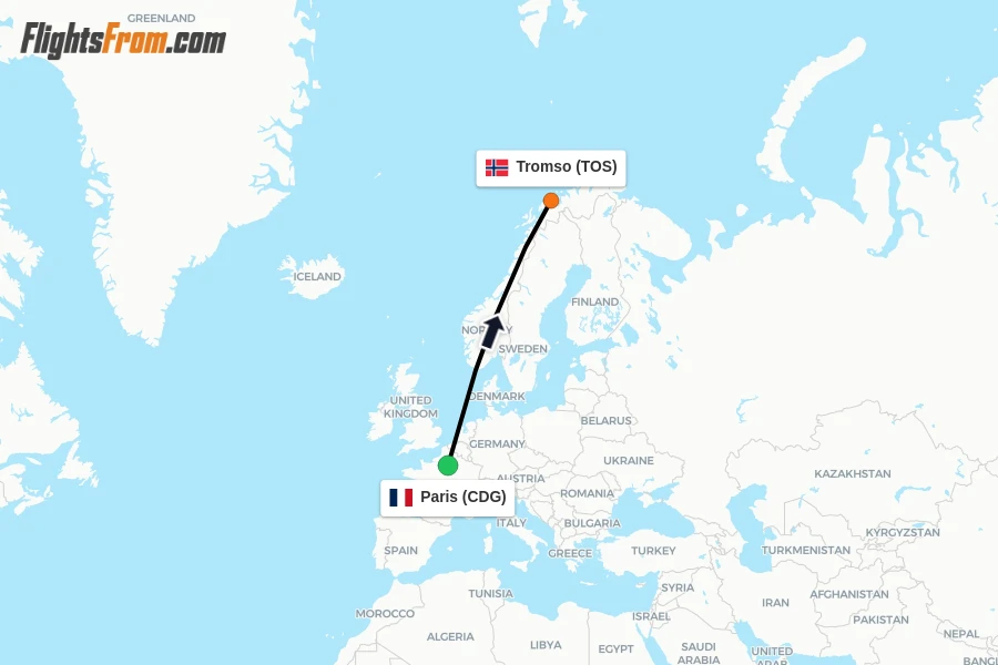 Flights from Paris to Tromso route map