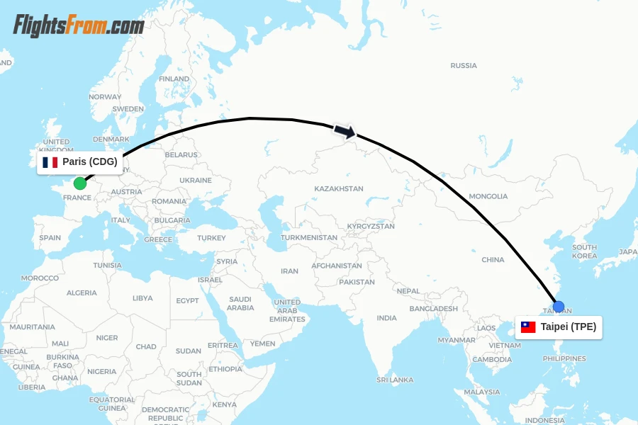 Flights from Paris to Taipei route map