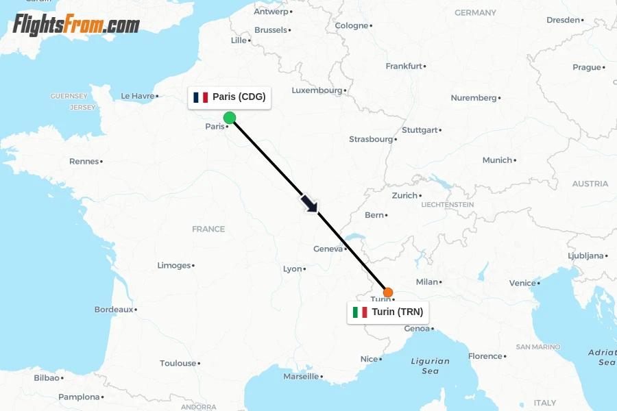 Flights from Paris to Turin route map