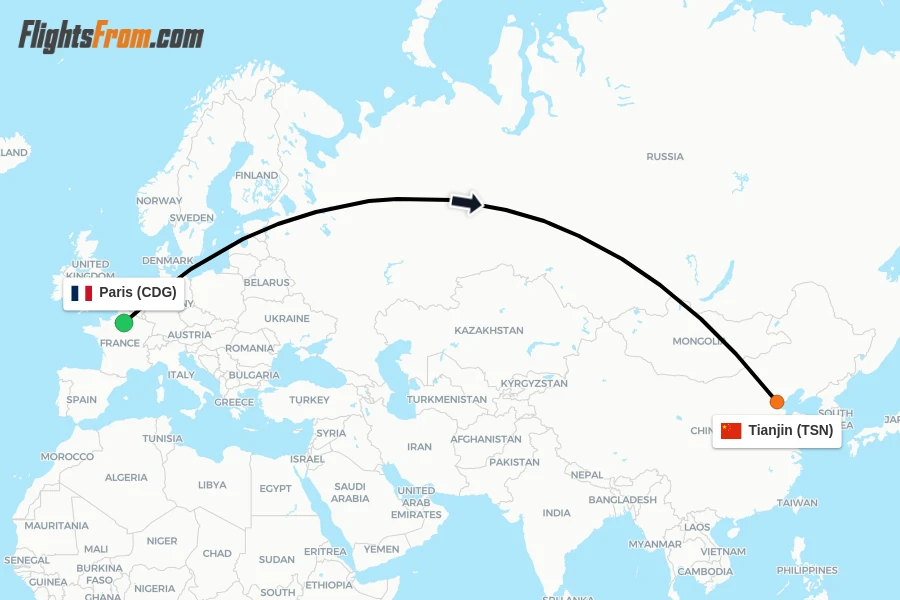 Flights from Paris to Tianjin route map