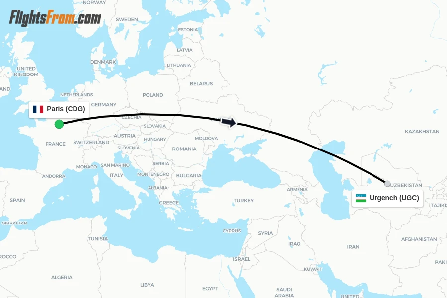 Flights from Paris to Urgench route map