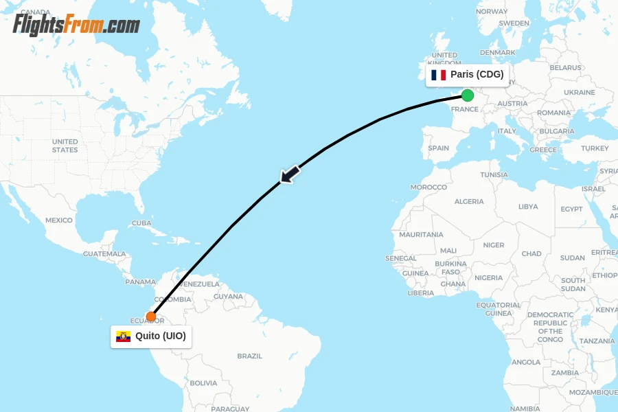 Flights from Paris to Quito route map