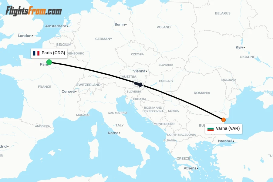 Flights from Paris to Varna route map