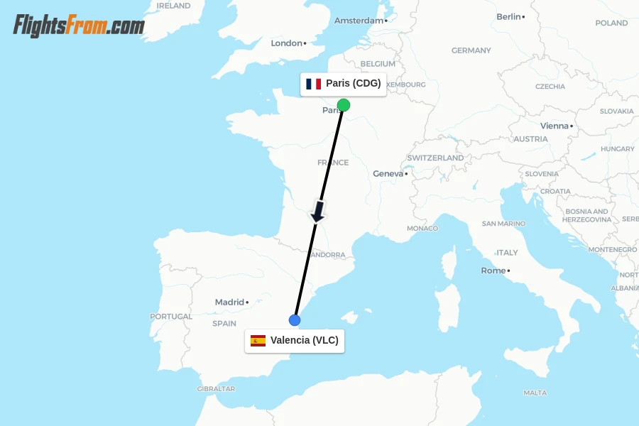 Flights from Paris to Valencia route map