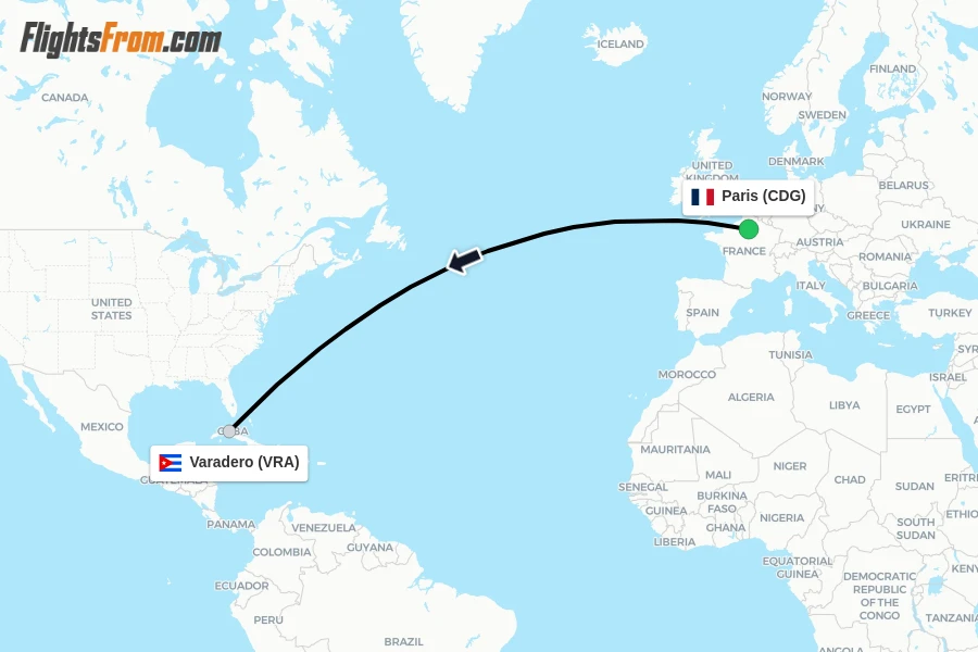 Flights from Paris to Varadero route map