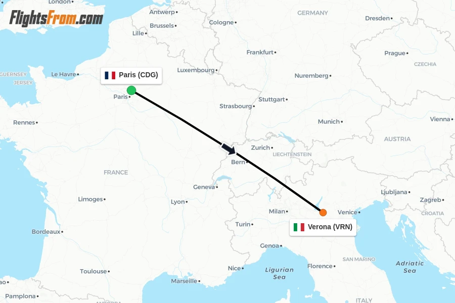 Flights from Paris to Verona route map
