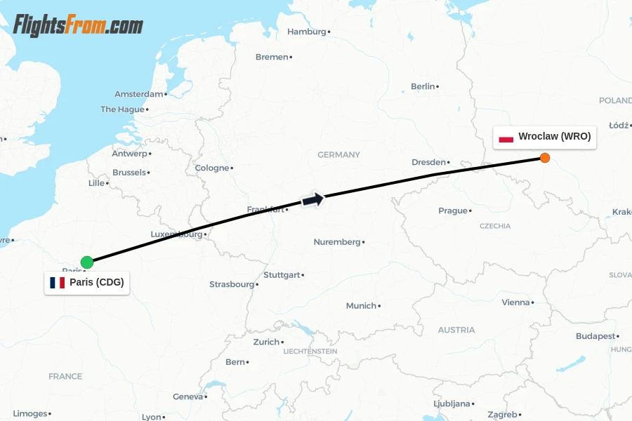 Flights from Paris to Wroclaw route map