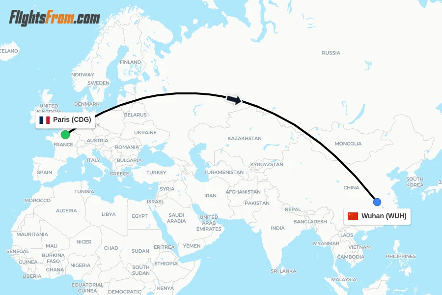 Flights from Paris to Wuhan route map