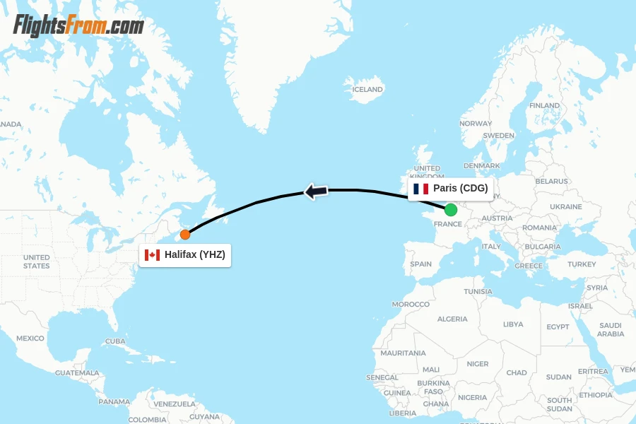 Flights from Paris to Halifax route map