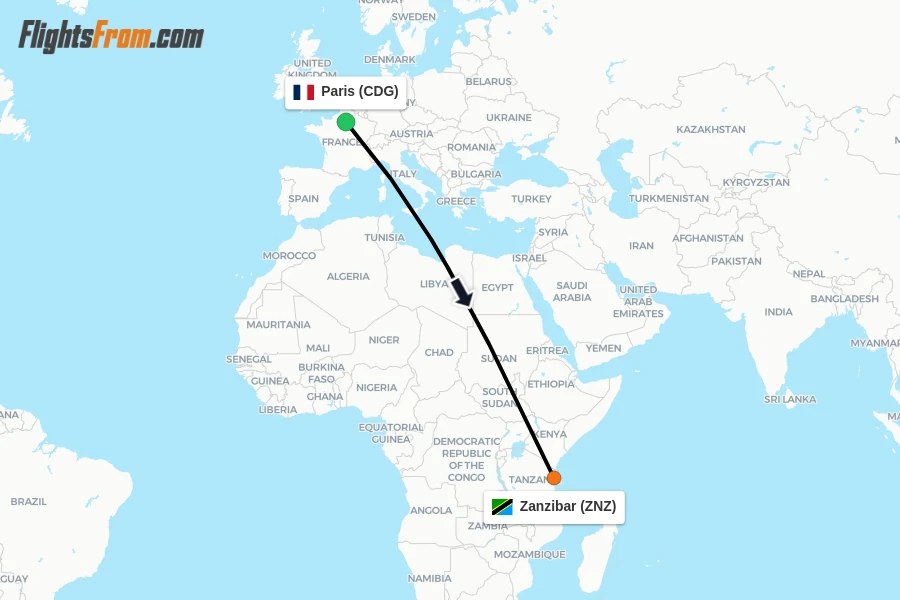 Flights from Paris to Zanzibar route map