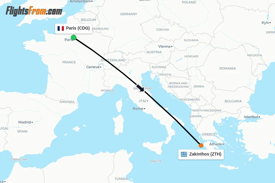 Flights from Paris to Zakinthos route map