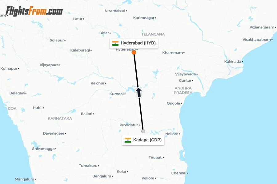 Flights from Kadapa to Hyderabad route map