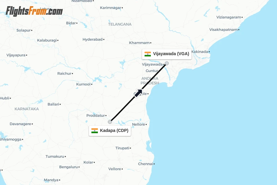 Flights from Kadapa to Vijayawada route map