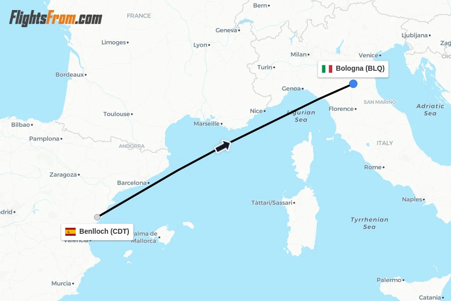 Flights from Benlloch to Bologna route map