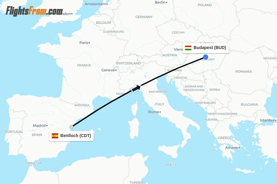 Flights from Benlloch to Budapest route map