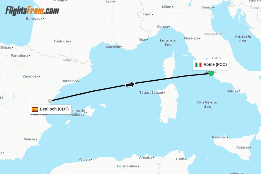 Flights from Benlloch to Rome route map