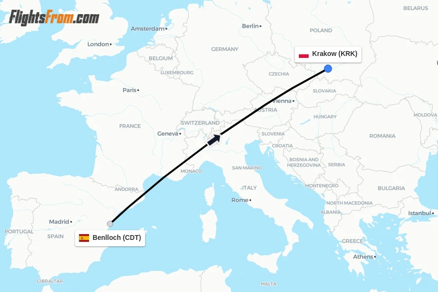 Flights from Benlloch to Krakow route map