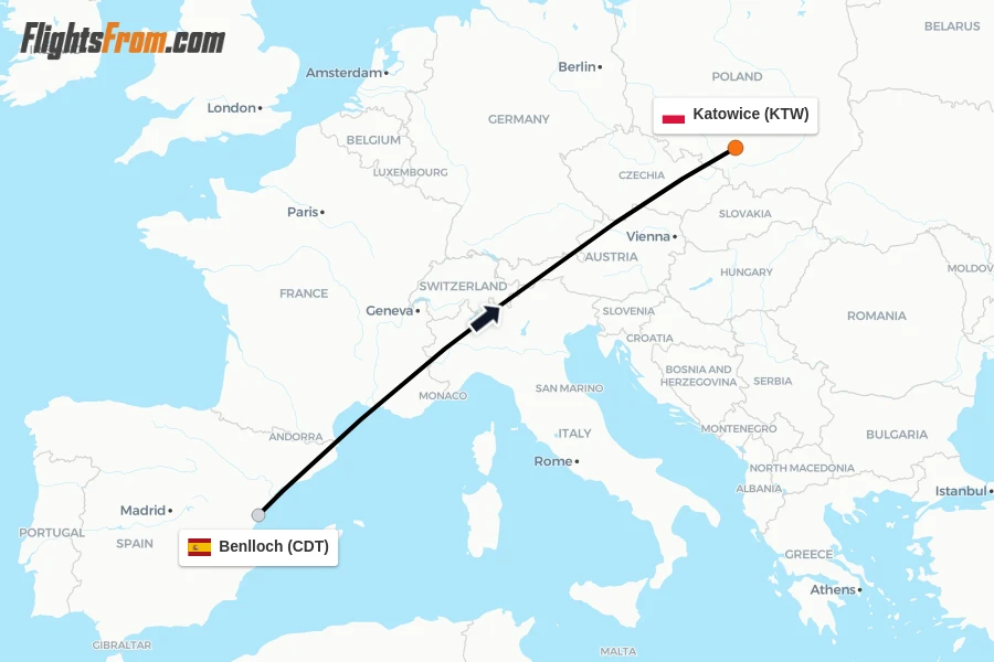 Flights from Benlloch to Katowice route map