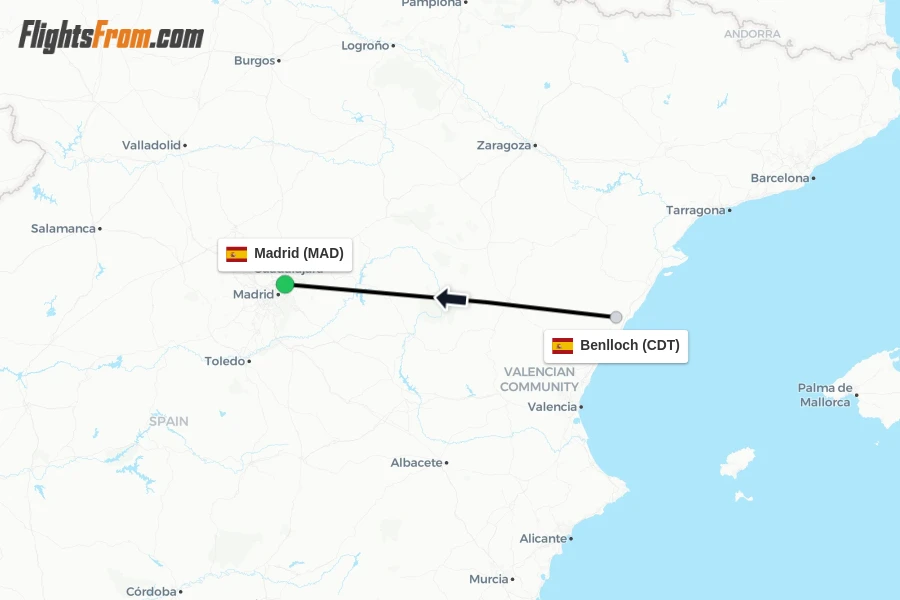 Flights from Benlloch to Madrid route map