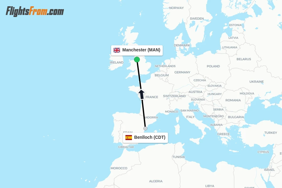 Flights from Benlloch to Manchester route map