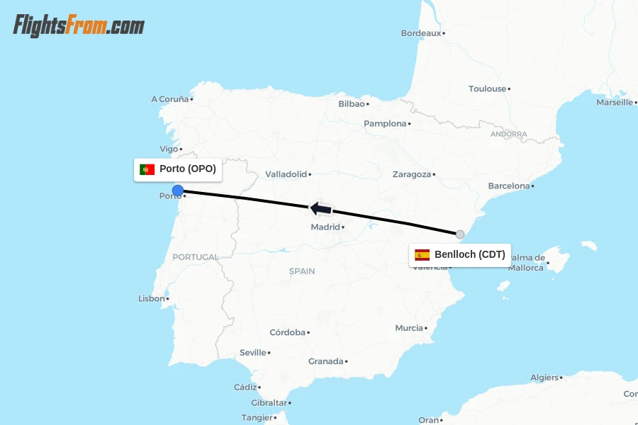 Flights from Benlloch to Porto route map