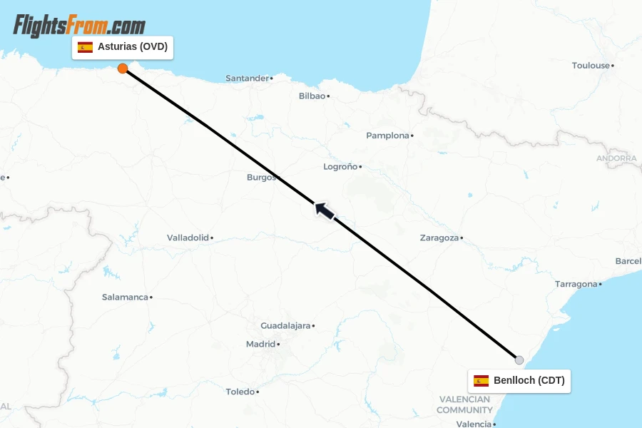 Flights from Benlloch to Asturias route map