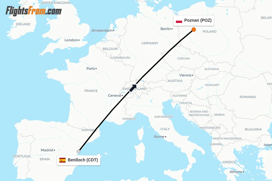 Flights from Benlloch to Poznan route map
