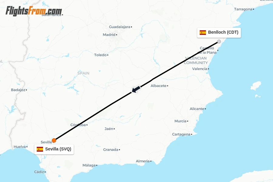 Flights from Benlloch to Sevilla route map