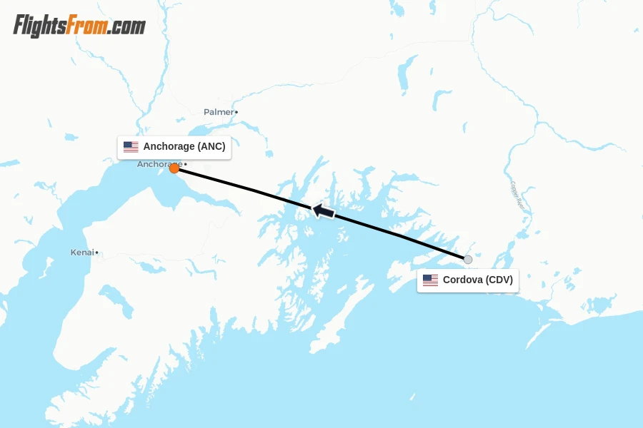 Flights from Cordova to Anchorage route map