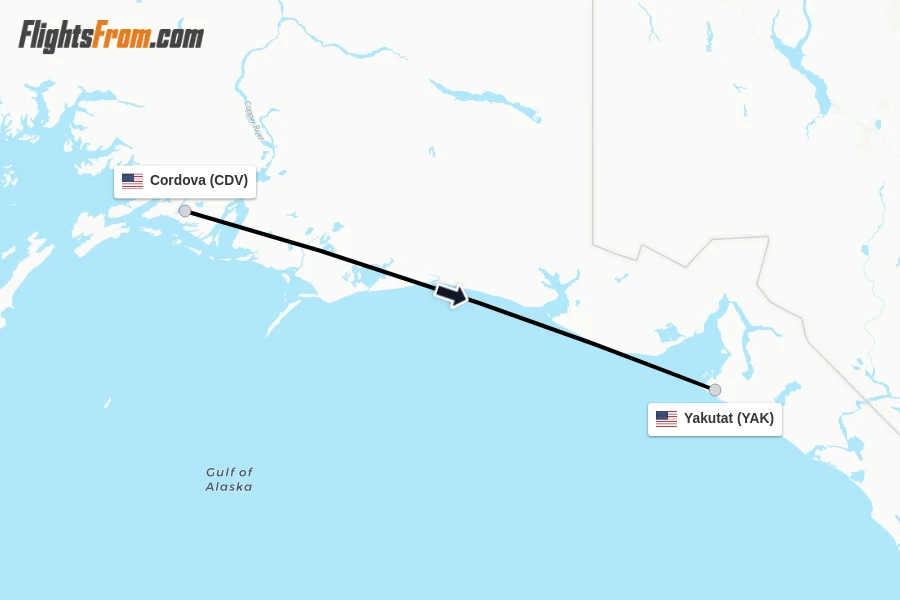 Flights from Cordova to Yakutat route map