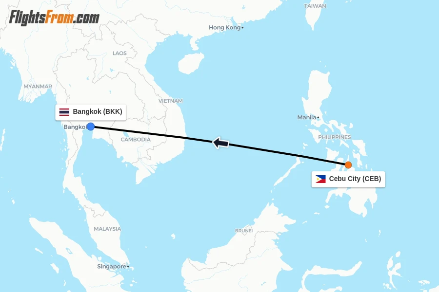 Flights from Cebu City to Bangkok route map