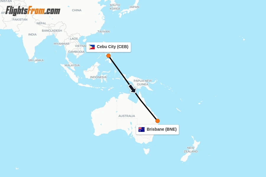 Flights from Cebu City to Brisbane route map