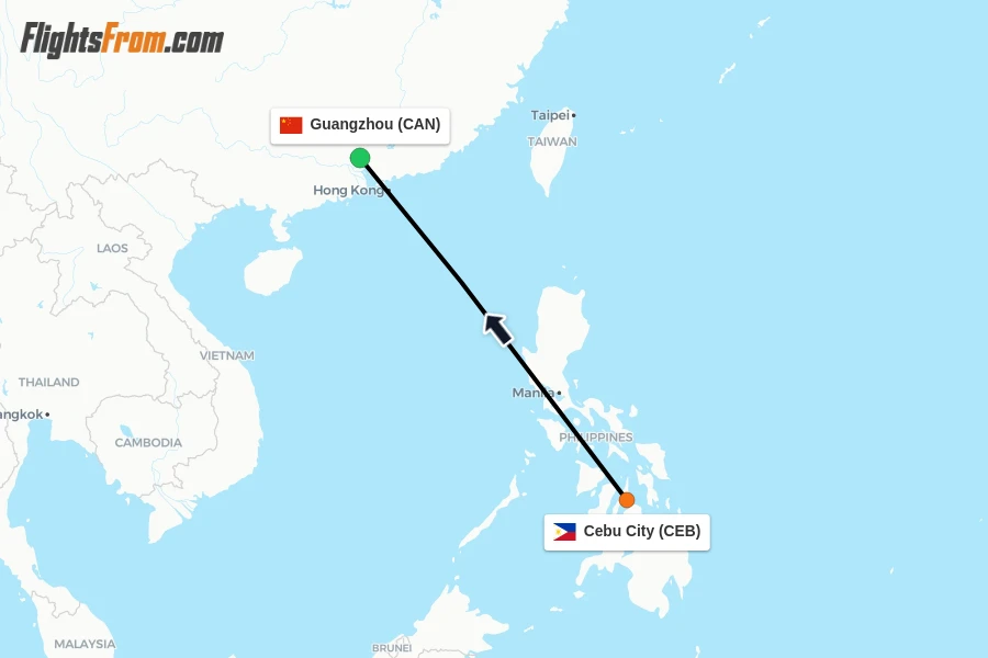 Flights from Cebu City to Guangzhou route map