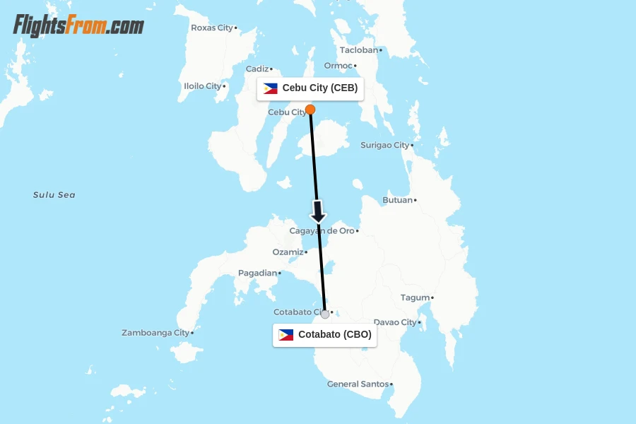 Flights from Cebu City to Cotabato route map