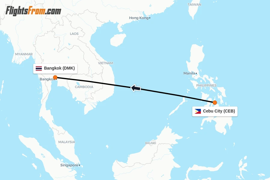 Flights from Cebu City to Bangkok route map