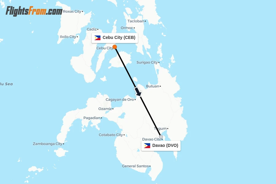 Flights from Cebu City to Davao route map