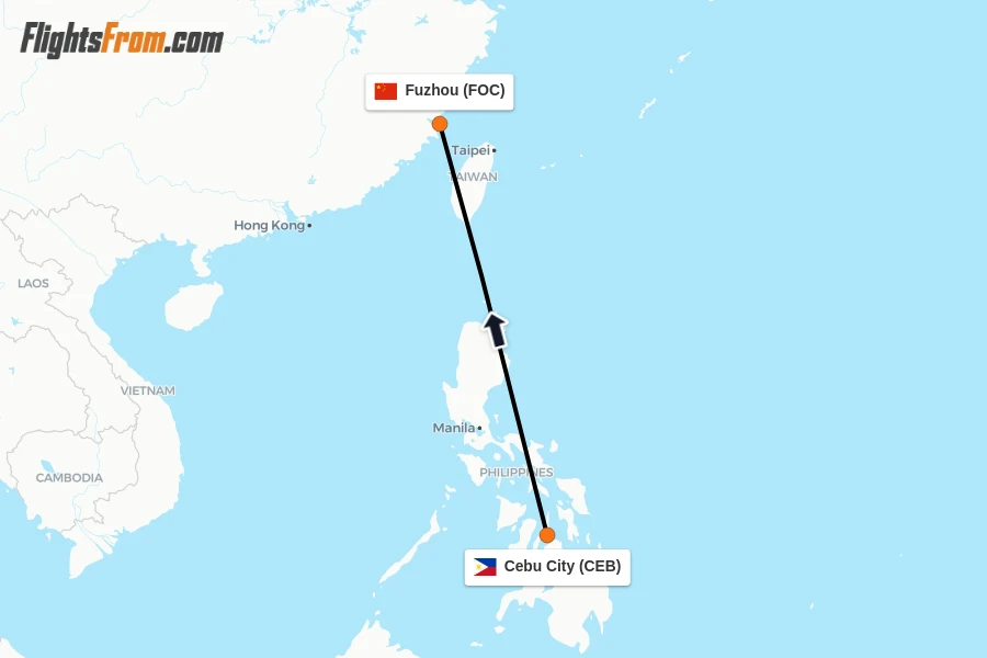 Flights from Cebu City to Fuzhou route map