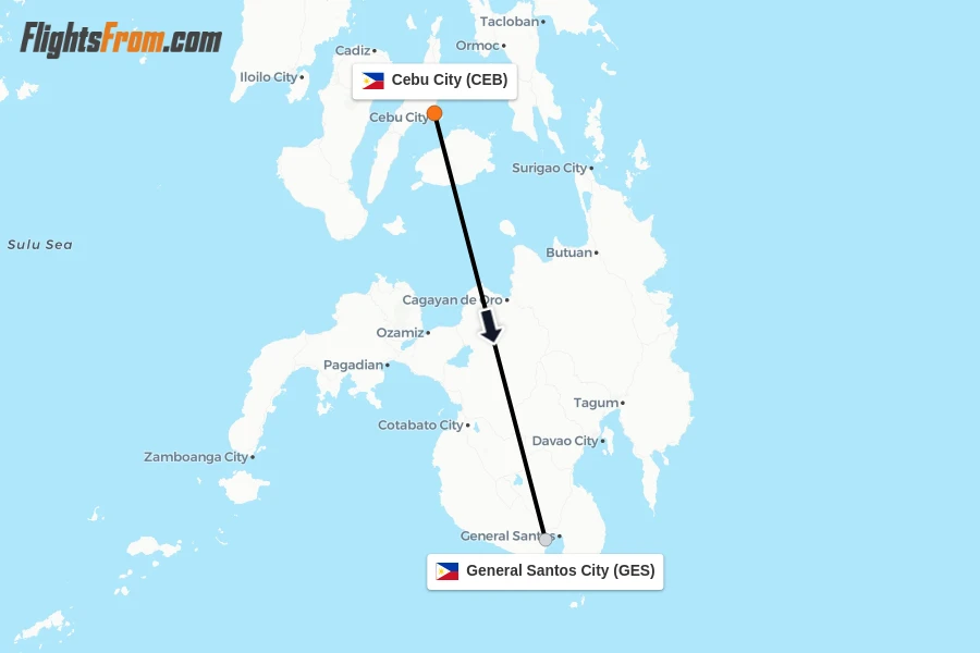 Flights from Cebu City to General Santos City route map