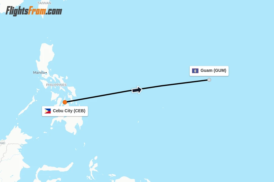 Flights from Cebu City to Guam route map