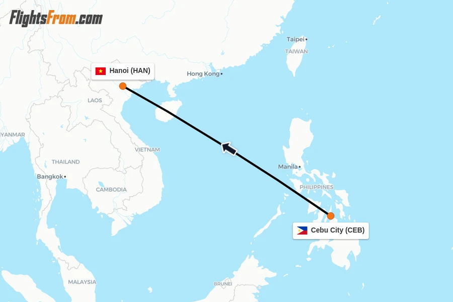 Flights from Cebu City to Hanoi route map