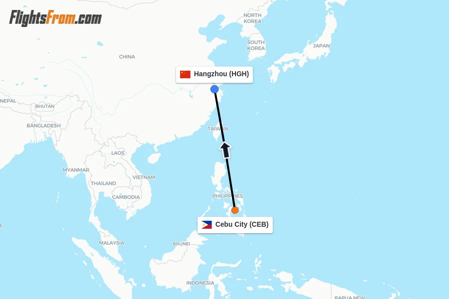 Flights from Cebu City to Hangzhou route map