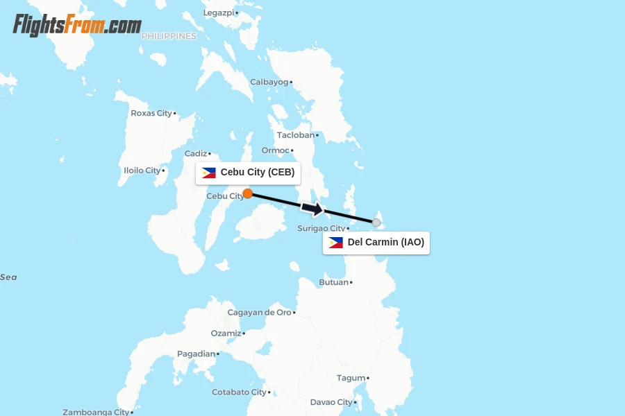 Flights from Cebu City to Del Carmin route map