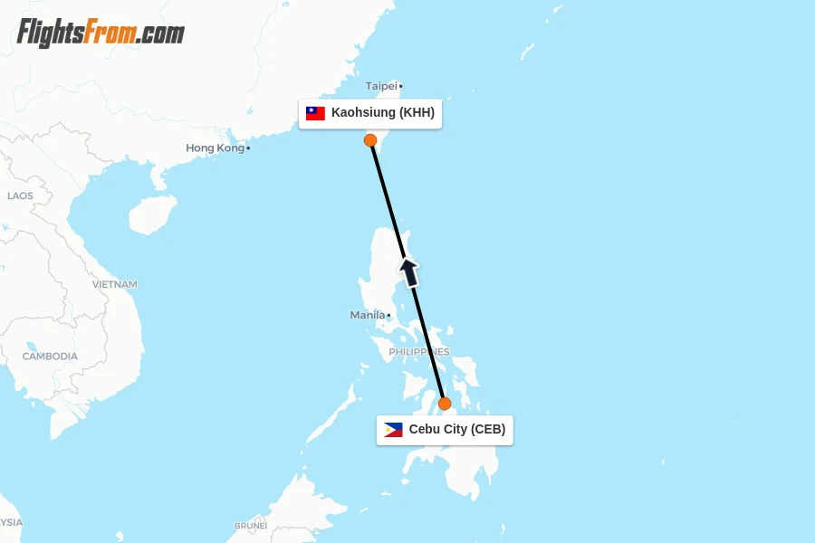 Flights from Cebu City to Kaohsiung route map