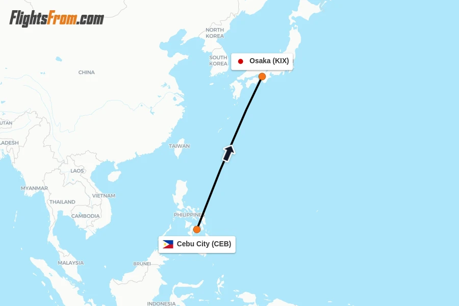 Flights from Cebu City to Osaka route map