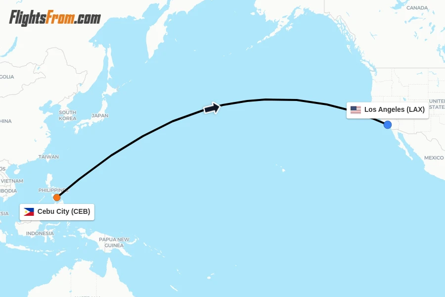 Flights from Cebu City to Los Angeles route map