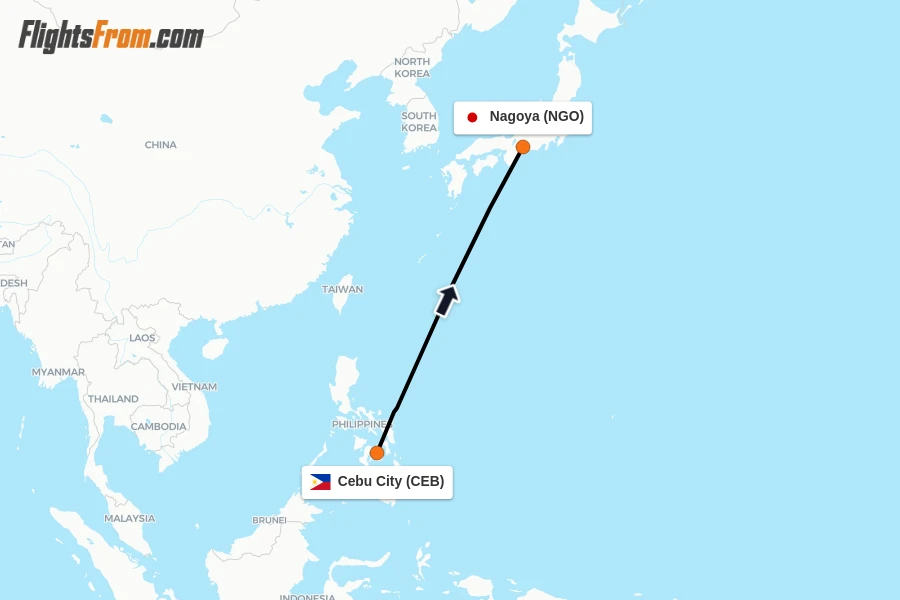 Flights from Cebu City to Nagoya route map