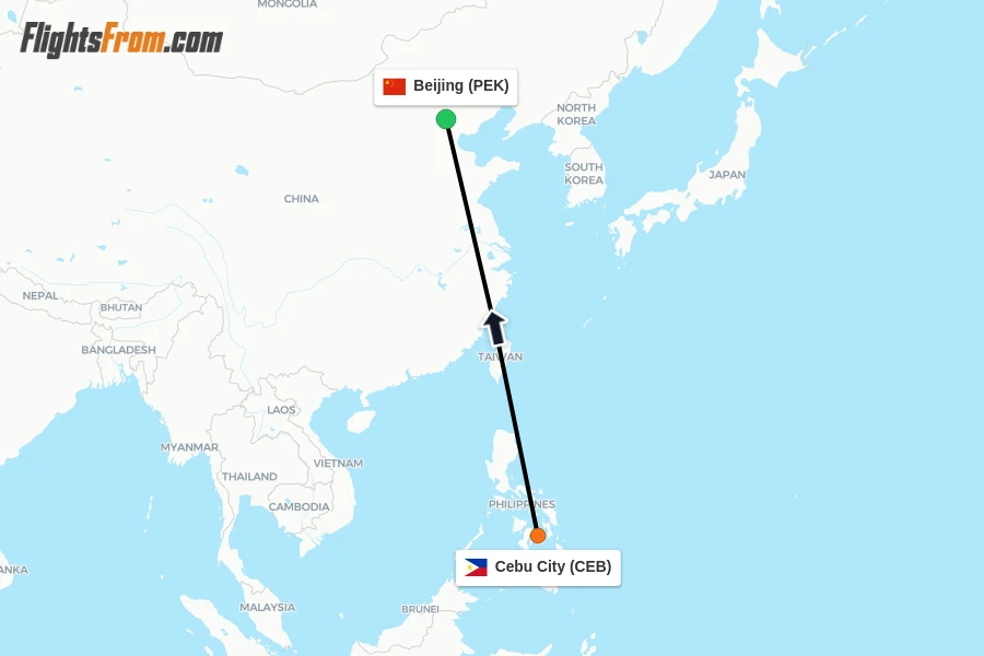 Flights from Cebu City to Beijing route map