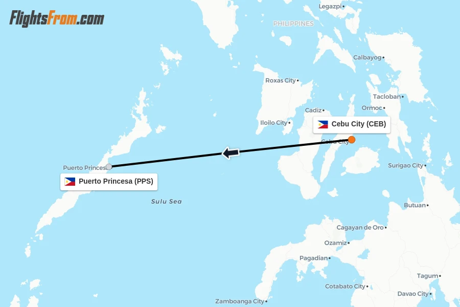 Flights from Cebu City to Puerto Princesa route map